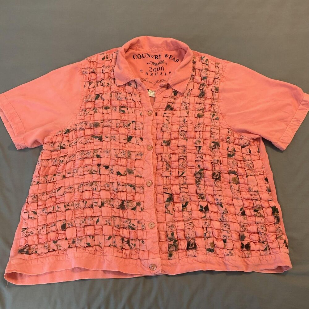 Country Wear 2000 Shirt Womens 3X Pink Rayon Button Front Floral Casual
